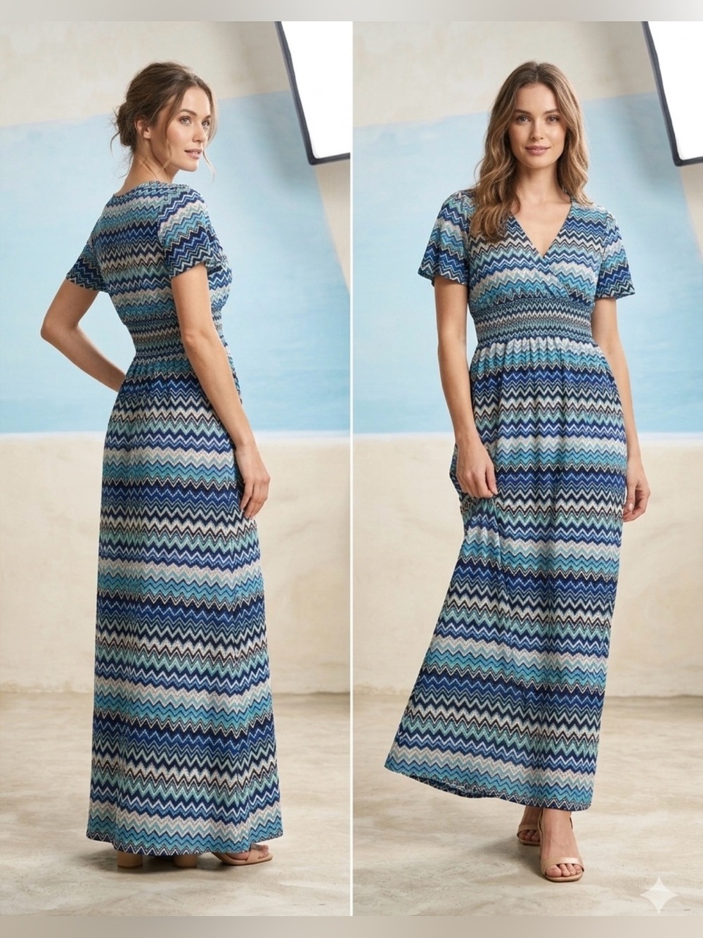 Cristinalove Blue Chevron V-Neck Maxi Dress